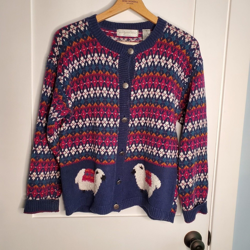 Vtg Northern Isles Country Sheep Sweater  Multicolored - Button Up Cardigan Med